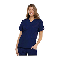 Scrub Shirt, Short Sleeve Top, V-Neck, Side Seam Vent, Patch & Interior Pockets, Unisex, Navy, 26.5", Medium, Each Each