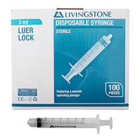 Livingstone Syringe, 3ml, Luer Lock Tip, Latex Free, Hypoallergenic, Sterile, 100/Box