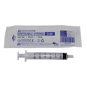 Livingstone Syringe, 3ml, Luer Lock Tip, Latex Free, Hypoallergenic, Non-Sterile, Loose