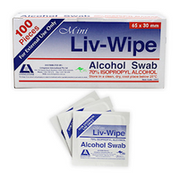 Liv-Wipe Mini Alcohol Swabs, Prep Pad, 70 Percent Isopropyl Alcohol Sanitiser, 65 x 30mm, 100/Box, 5,000/Carton Carton