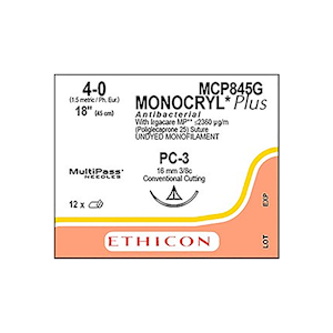 Ethicon Monocryl Plus Sutures Antibacterial, Undyed, Length: 45cm, 16mm Size 4-0 PC-3, Cutting Edge Prime Conventional, Absorbable 12/Box