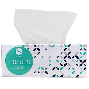 Sofeel Executive Facial Tissues, 2-Ply, 19.5 x 19cm, FSC Certified, White, 180 Sheets/Box, 36 Boxes/Carton, NO PLASTIC Carton