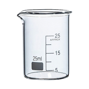 Simax Beaker, 25ml, Low Form, Graduated with Spout, 34 (Diameter) x 50 (Height) mm, European, 10 Pieces/Box Carton