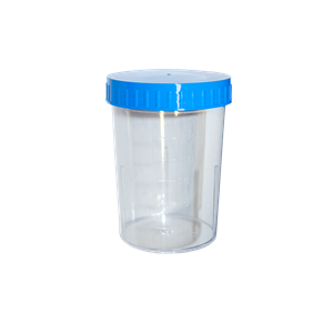 Urine Container with Light Blue Screw Cap, 150ml Graduated up to 125ml, 60 (D) x 83mm, Polystyrene, Loose Each