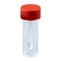 Aptaca Specimen Container, 25ml, 25 x 90mm, Red Screw Cap with Spoon, Recyclable Polystyrene, Sterile, 100 Pieces/Bag Bag
