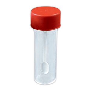 Aptaca Specimen Container, 25ml, 25 x 90mm, Red Screw Cap with Spoon, Recyclable Polystyrene, Sterile, 100 Pieces/Bag Bag