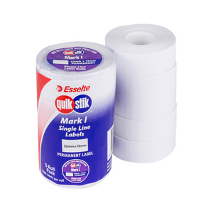 Esselte Quikstik Mark I Single Line Labels, 22mm x 12mm, Permanent, White, 1,500 Labels/Roll, 5 Rolls/Pack Pack