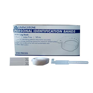 Livingstone Personal Identification Bands, Infant,with Log Book, Latex Free, White, 250/Box Box