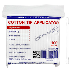 Livingstone Cotton Tip Applicator, Double Tipped, Biodegradable Paper Stem, 7.5cm, 100 Pieces/Pack (200 Tips) Pack