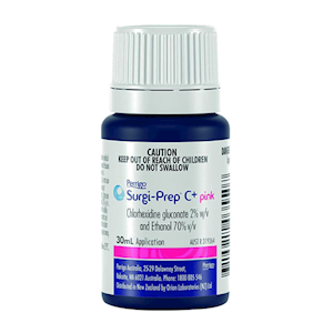 Perrigo Surgi-Prep® C+ Sanitiser, Hand Rub, Chlorhexidine Gluconate 2pct and Ethanol 70pct, 30ml, Pink, Each Each