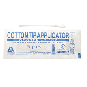 Livingstone Cotton Tip Applicator, Single Tipped, Biodegradable Wooden Stem, 7.5cm, Sterile, 5 Pieces/Pack Pack