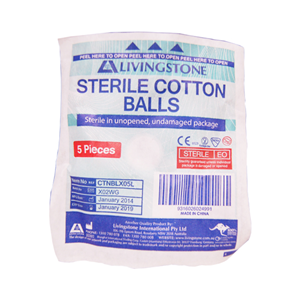 Livingstone Cotton Balls, 0.6 Grams, Sterile, White, 5/Pack, 500 Packs/Carton Carton