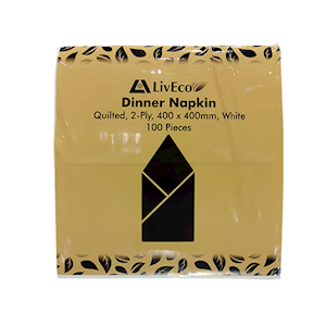 LivEco Dinner Napkin, Quilted, 2-Ply, 400 x 400mm, White, 100 Sheets/Pack, 10 Packs/Carton, 1,000 Pieces/Carton