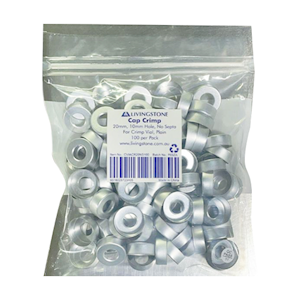 Cap, Crimp, 20mm, 10mm Hole, No Septa, For Crimp Vial, Plain, 100 Pieces/Pack, Pack size 19cm Length x 15.2cm Width Pack