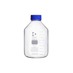 Schott Lab Reagent Bottle, 5000ml, GLS80, Clear, Wide Neck, with Blue Recyclable Polypropylene Cap, Borosilicate Glass, European, Each Each