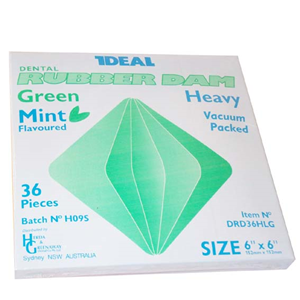 Ideal Dental Rubber Dam, 6 x 6 Inches, Mint Flavoured, Thin, Vacuum Packed, Green, 36/Pack Pack