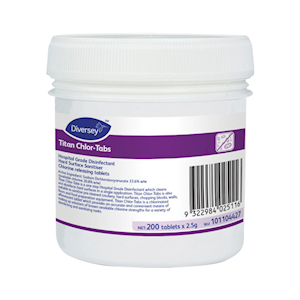 Diversey Titan Chlor-Tabs Sanitiser, Hospital Grade Disinfectant, 2.5g Tablets, 200 Tablets/Pack, 6 Packs/Carton
