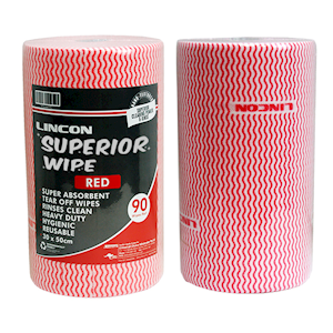 Lincon Superwipe Microfibre Cleaning Wipes, Heavy Duty, 30cm Width, Perforated Every 50cm, 45m, Red, HACCP Cert, 90 Sheets/Roll, Loose Roll Each