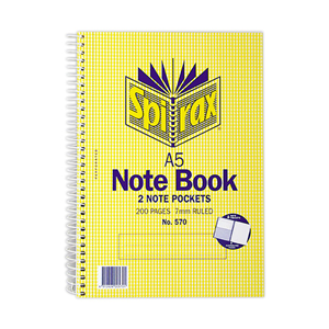 Spirax No. 570, Note Book, A5, 2 Note Pockets, 200 Pages, Each Each