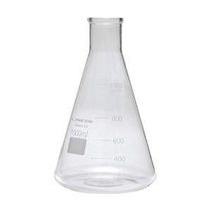 Lincon Erlenmeyer Conical Flask, 1000ml, Narrow Neck, 43mm Neck Diameter, Borosilicate Glass, Graduated, 1/Box Each