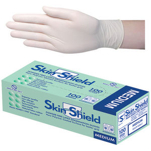 Skin Shield Latex Examination Gloves, Powder Free, Polymer Coated, Textured, Non-Sterile, Medium, 100/Box, 10 Boxes/Carton Carton