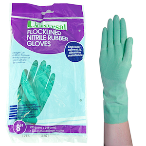 Universal Flocklined Nitrile Gloves, Heavy Duty, EN374, Size 10, 33cm Long, 0.38mm Thick, Green Colour, 1 Pair/Bag Replaces Solvex Pair