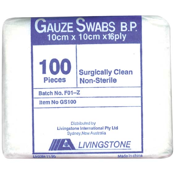 Livingstone Gauze Swabs, 5 x 5 cm x 8 Ply, 100 Percent Cotton, Surgically Clean, Non-Sterile, White, 100 Pieces/Pack Pack