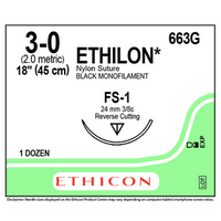 653G Ethilon Nylon Suture, Size 3-0, Length 18", Black, FS-2 Needle, Non Absorbable, 12/Box Box