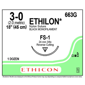 653G Ethilon Nylon Suture, Size 3-0, Length 18", Black, FS-2 Needle, Non Absorbable, 12/Box Box