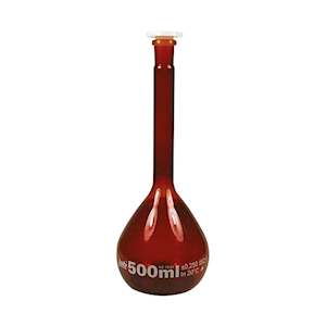 Volumetric Flask, 1000mL, Borosilicate Glass 3.3, Class A, Neck NS24/29, Amber, with Polypropylene Stopper, 1/Box Box