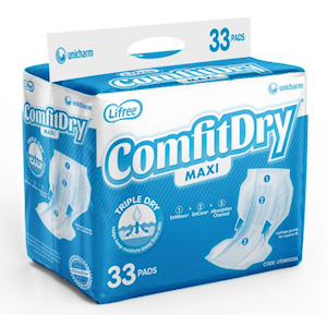 Lifree Comfitdry Maxi Pad, 28 x 60cm, 2300ml Capacity, Unisex, 33 Pieces/Pack Pack