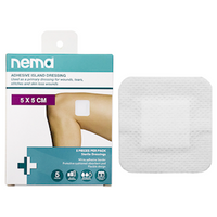 Nema Adhesive Island Dressing with Non-Adherent Pad, Nonwoven, 5 x 5cm, White, Sterile, 5 Pieces/Pack Pack