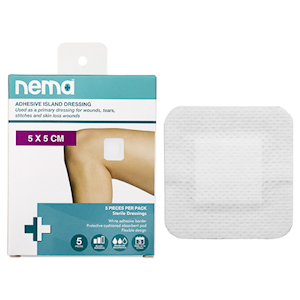 Nema Adhesive Island Dressing with Non-Adherent Pad, Nonwoven, 5 x 5cm, White, Sterile, 5 Pieces/Pack Pack