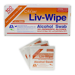 Liv-Wipe Mini Alcohol Swabs, Prep Pad, 70 Percent Isopropyl Alcohol Sanitiser, 62 x 30mm, Gamma Sterilised, 100/Box