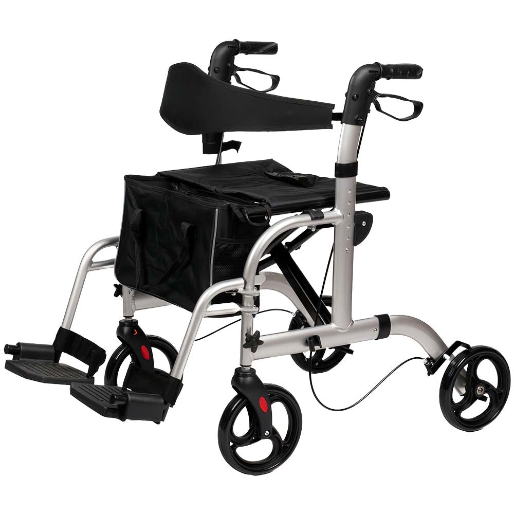Livingstone 2-In-1 Transit Rollator Walker Wheelchair, 4 Wheel, Padded Backrest And Seat, Bag, Silver, Each