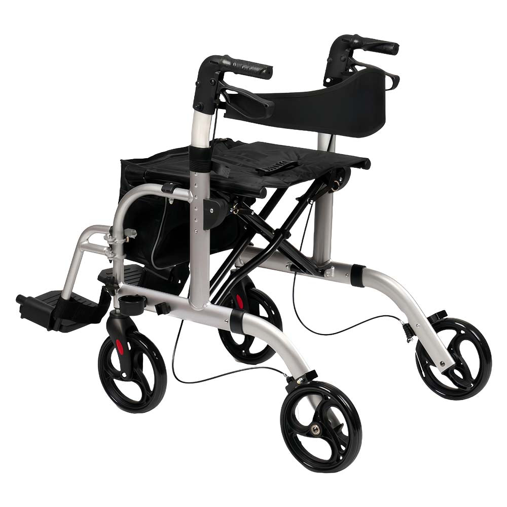 Livingstone 2-In-1 Transit Rollator Walker Wheelchair, 4 Wheel, Padded Backrest And Seat, Bag, Silver, Each