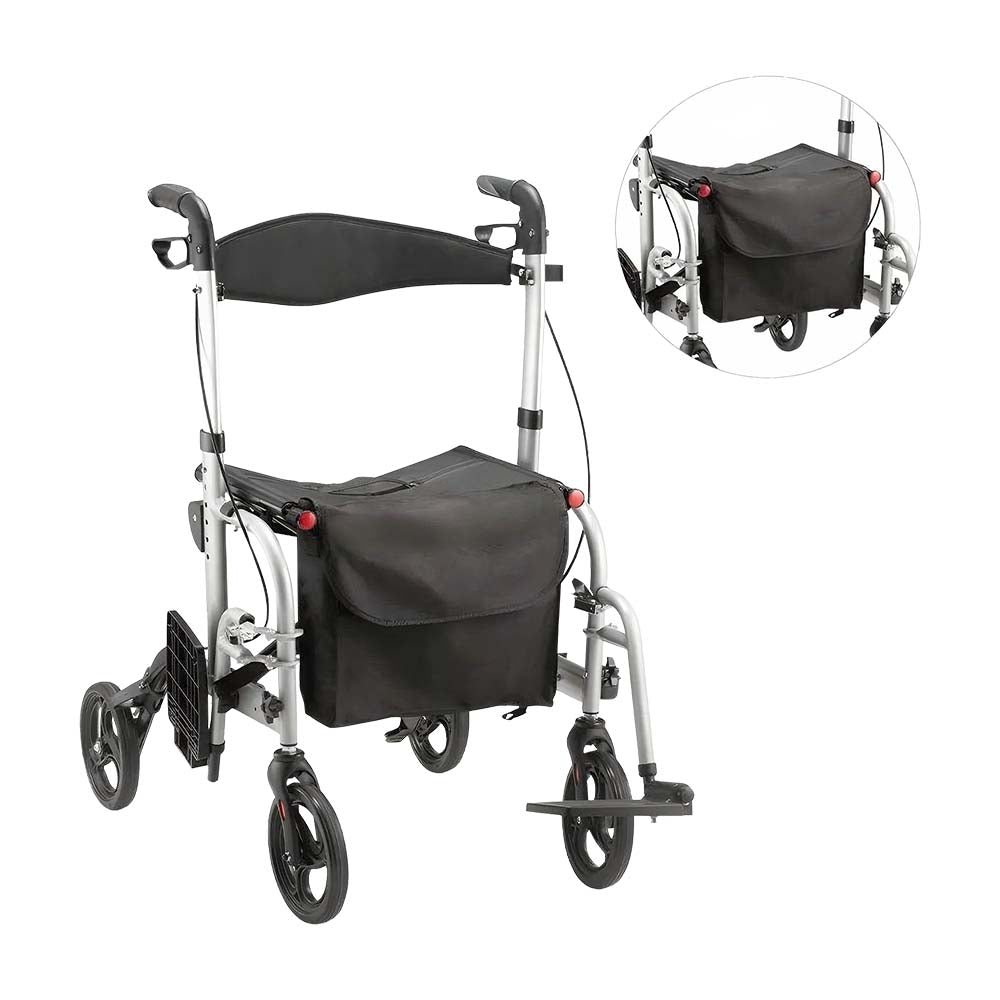 Livingstone 2-In-1 Transit Rollator Walker Wheelchair, 4 Wheel, Padded Backrest And Seat, Bag, Silver, Each