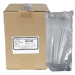 Samco Extra Long Tip Transfer Pipettes 262-20S,99 in,6.0mL Capacity,22.5L cm, 5.0D mm Stem,2.3mL Bulb Draw,25 Drops/mL,Sterile,400/Bx Box