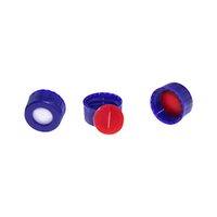 Livingstone Screw Cap 9-425, Open Top, Ribbed, with 9mm Red PTFE/White Silicone Septa, 1mm Thick Pre-Slit, Blue, 100 Pieces/Pack Pack