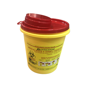 Livingstone Needles Sharps Waste Collector, 1.4 Litres, with Clip Lid and Finger Guard, Round, Recyclable Plastic, Yellow, 20/Carton Carton